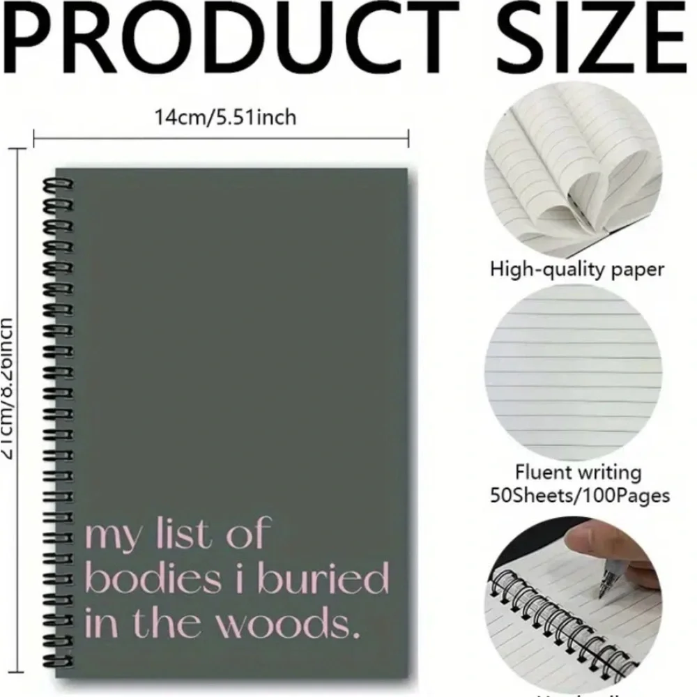 Gray/Sage Spiral Notebook with Sarcastic Pink Text ‘my list of bodies I buried’